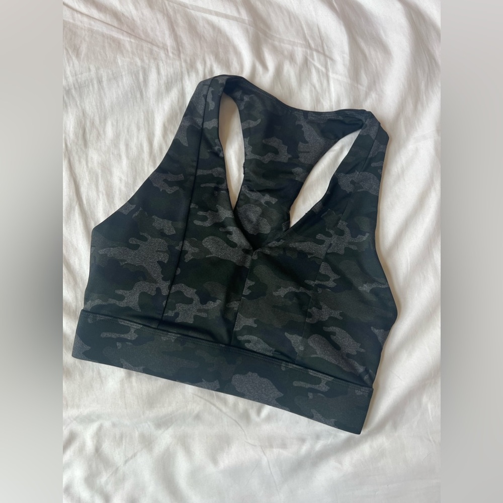 Fabletics black & gray camo sports bra, size M